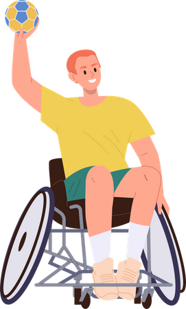 Jeune sportif assis en fauteuil roulant jouant au volley-ball  Illustration