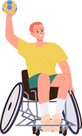 Jeune sportif assis en fauteuil roulant jouant au volley-ball  Illustration