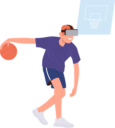 Jeune sportif portant des lunettes de casques VR jouant au basket-ball  Illustration