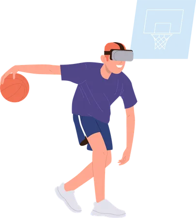 Jeune sportif portant des lunettes de casques VR jouant au basket-ball  Illustration