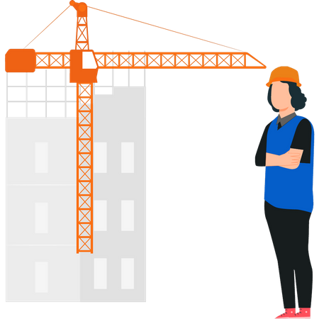 Jeune ouvrière debout sur un chantier de construction  Illustration