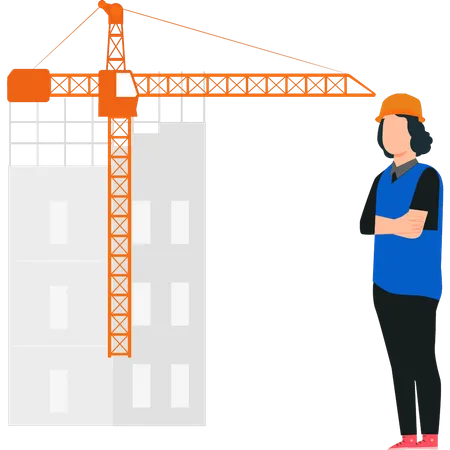 Jeune ouvrière debout sur un chantier de construction  Illustration