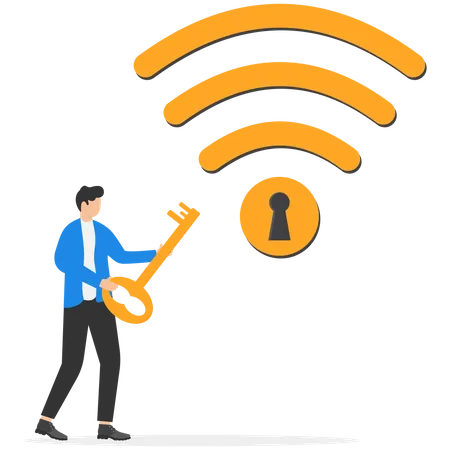 Un jeune utilisateur mobile se connecte au réseau wifi avec cryptage par cadenas  Illustration