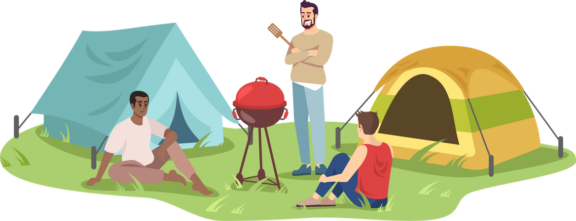 Jeunes campeurs au barbecue  Illustration