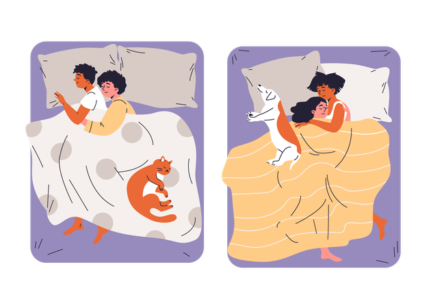 Jeunes couples hétérosexuels et homosexuels se serrant dans leurs bras sous la couverture allongés sur le lit avec un animal de compagnie  Illustration