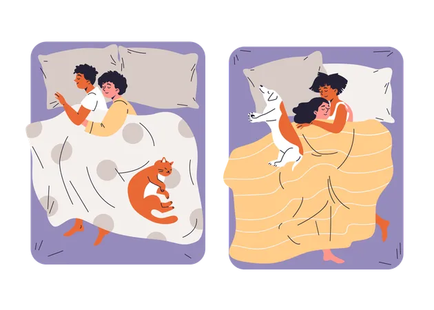 Jeunes couples hétérosexuels et homosexuels se serrant dans leurs bras sous la couverture allongés sur le lit avec un animal de compagnie  Illustration