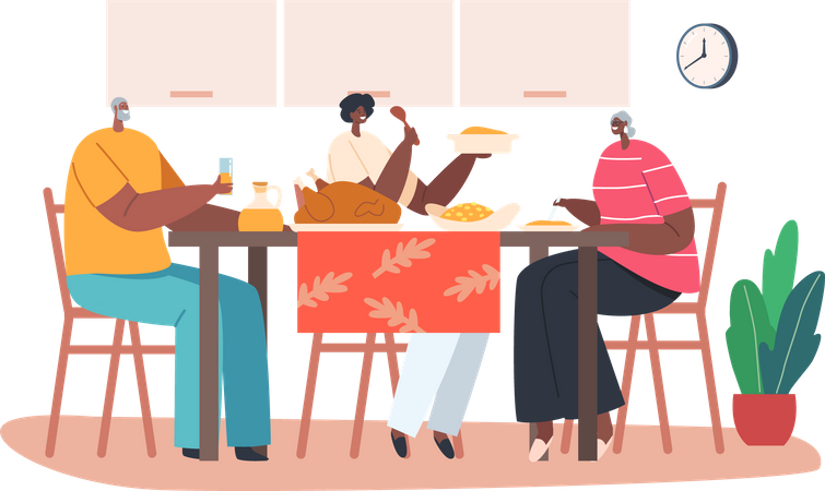 Jeunes et seniors africains en train de dîner ensemble  Illustration