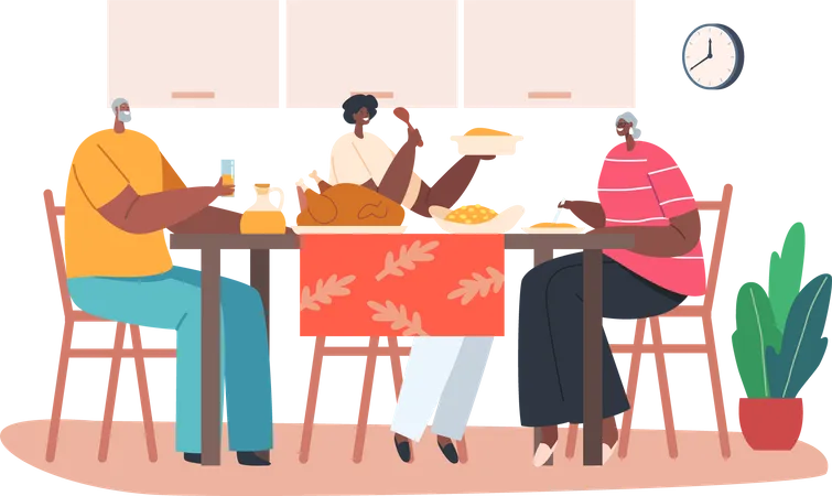 Jeunes et seniors africains en train de dîner ensemble  Illustration
