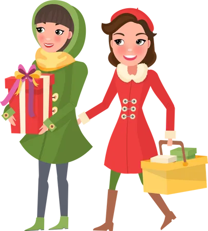 Jeunes femmes faisant des achats de Noël  Illustration