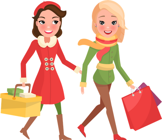 Jeunes femmes faisant des achats de Noël  Illustration