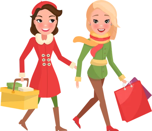 Jeunes femmes faisant des achats de Noël  Illustration