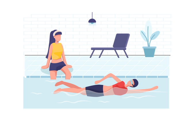 Jeunes femmes se reposant et nageant à la piscine  Illustration