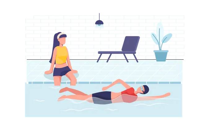 Jeunes femmes se reposant et nageant à la piscine  Illustration