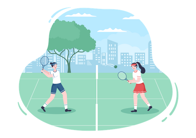 Jeunes filles jouant au tennis sur le terrain  Illustration