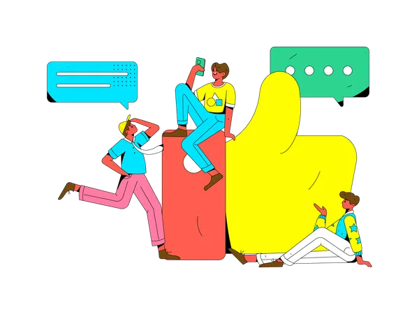 Jeunes gars regardant des commentaires sur les réseaux sociaux  Illustration