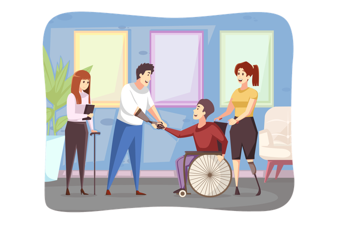 Jeunes handicapés handicapés hommes femmes en fauteuil roulant et prothèses debout se serrant la main ensemble  Illustration