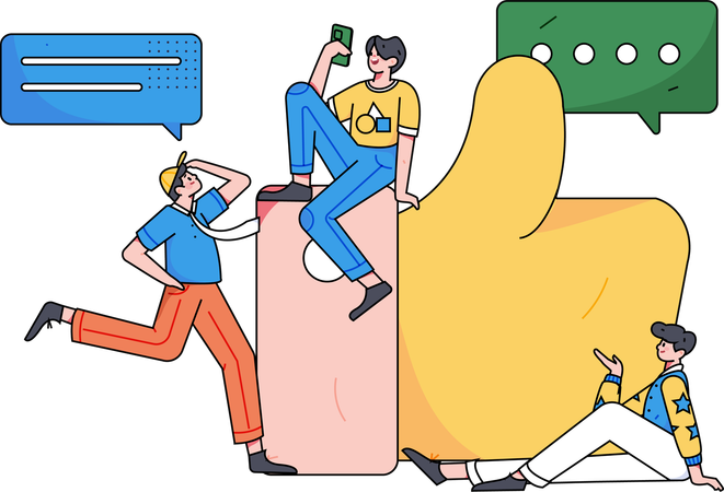 Jeunes gars regardant des commentaires sur les réseaux sociaux  Illustration