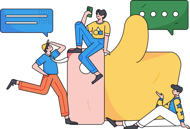 Jeunes gars regardant des commentaires sur les réseaux sociaux  Illustration