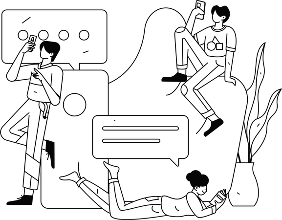 Jeunes gars regardant des commentaires sur les réseaux sociaux  Illustration