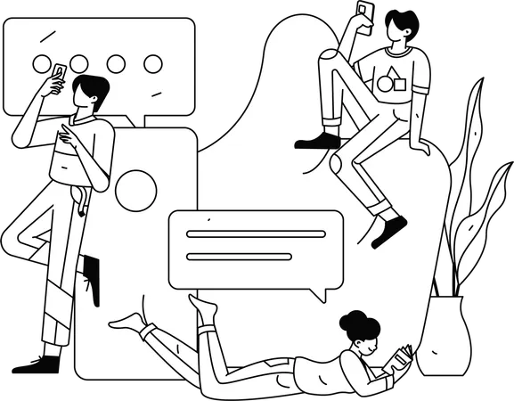 Jeunes gars regardant des commentaires sur les réseaux sociaux  Illustration
