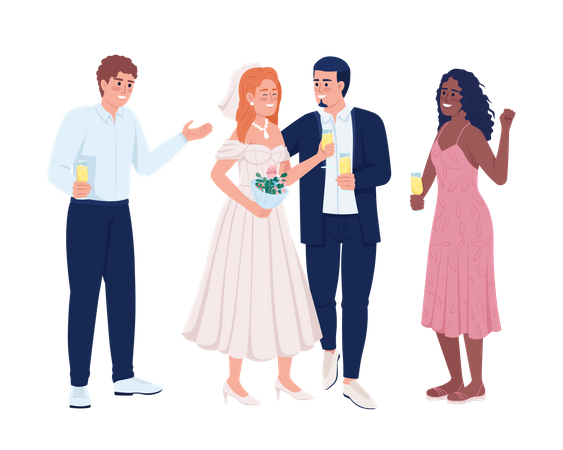 Jeunes mariés célébrant un mariage avec des amis  Illustration