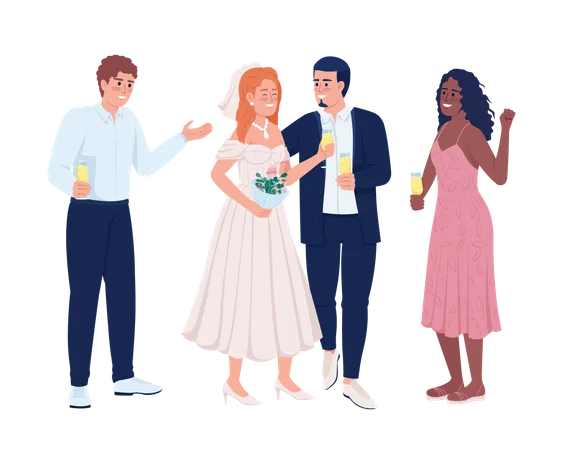 Jeunes mariés célébrant un mariage avec des amis  Illustration