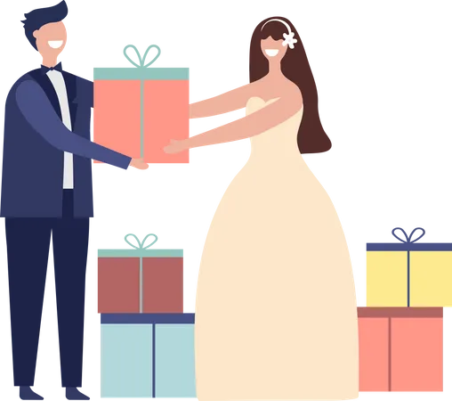 Couple de jeunes mariés partageant des cadeaux  Illustration