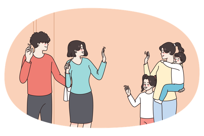 De jeunes parents heureux laissent leurs jeunes enfants à la baby-sitter  Illustration