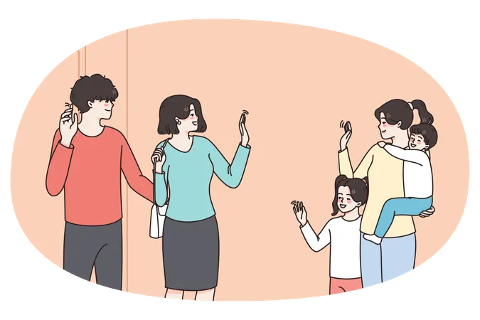 De jeunes parents heureux laissent leurs jeunes enfants à la baby-sitter  Illustration