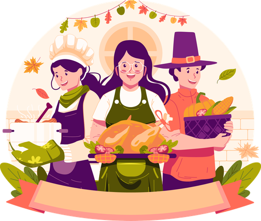 Jeunes préparant et cuisinant des plats et de la dinde pour la fête de Thanksgiving  Illustration