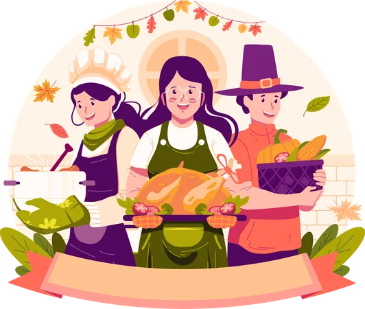 Jeunes préparant et cuisinant des plats et de la dinde pour la fête de Thanksgiving  Illustration