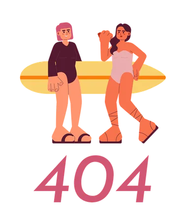 Jeunes filles surfeuses avec planche de surf sur la plage erreur 404  Illustration