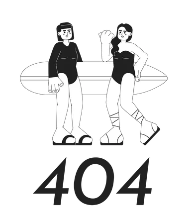 Jeunes filles surfeuses avec planche de surf sur la plage erreur 404  Illustration