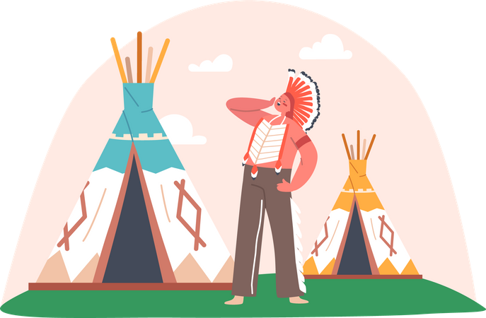 Jeux de rôle pour enfants, activités de camp d'été et reconstitution historique, vêtements pour enfants autochtones amérindiens  Illustration