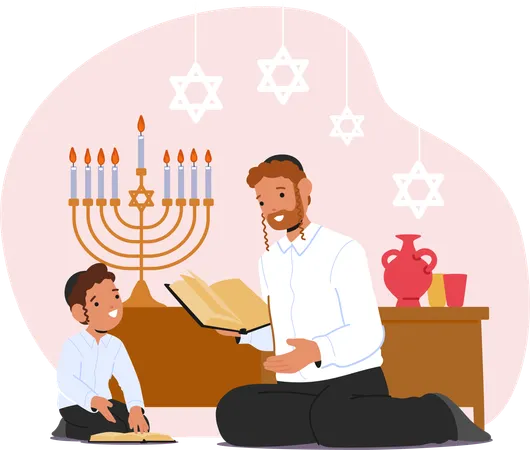 Jewish Child Boy Character Diligently Engage In Torah Study Guided By Teacher Immersing In The Sacred Teachings Fostering A Deep Connection To Faith And Heritage Cartoon People Vector Illustration Illustration