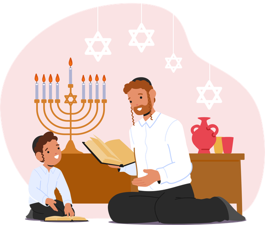 Jewish and Boy Diligently Engage In Torah Study  イラスト