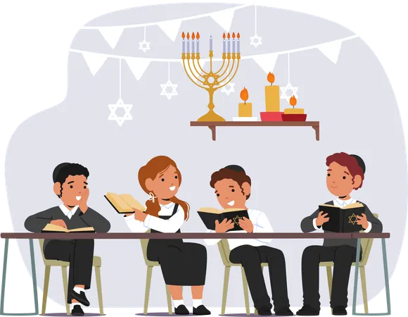 Jewish Children Characters Diligently Study Torah Immersing Themselves In Sacred Texts To Learn Religious Teachings And Traditions With Reverence And Devotion Cartoon People Vector Illustration Illustration