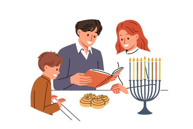 Jewish family celebrates day hanukkah and reads holy book together standing near table and minors  Illustration