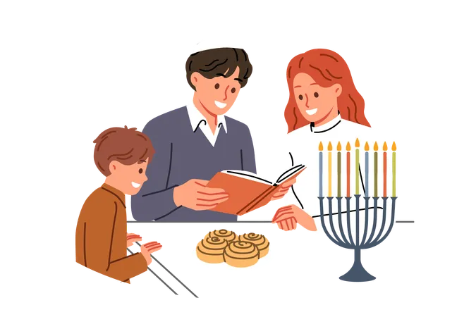 Jewish family celebrates day hanukkah and reads holy book together standing near table and minors  Illustration