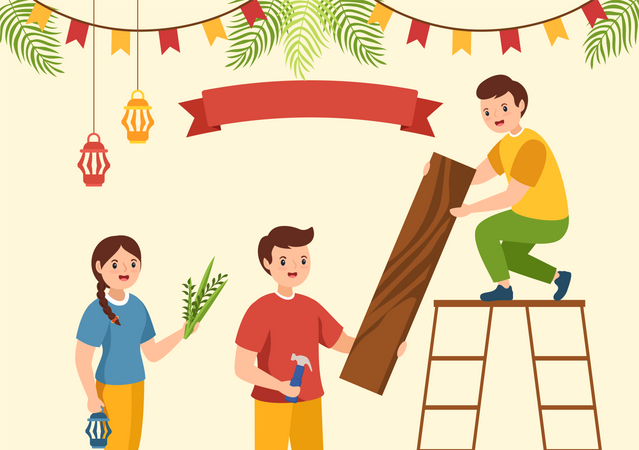 Jewish family decorating for Sukkot  Illustration