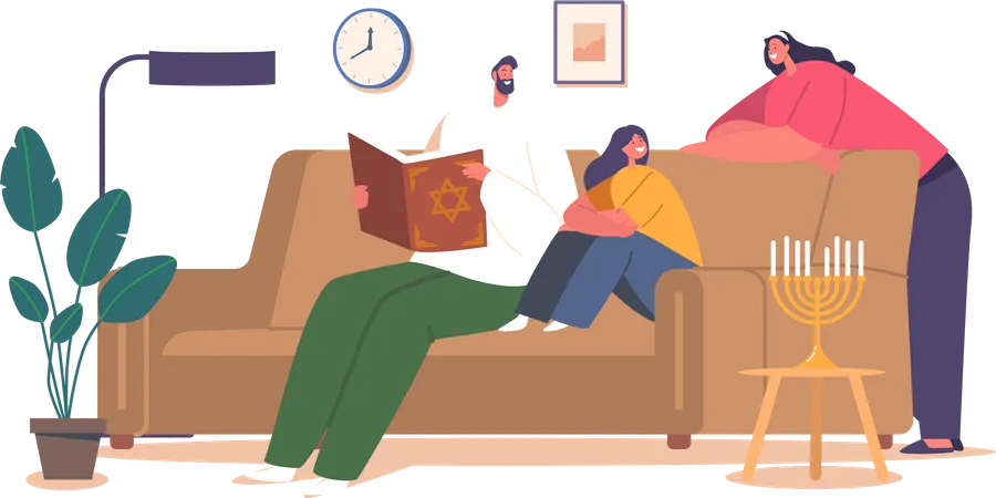 Jewish Family Characters Dad Mom And Daughter Gathered Together Immersed In The Sacred Act Of Reading The Torah Connecting With Their Heritage And Embracing The Wisdom And Teachings It Holds Illustration