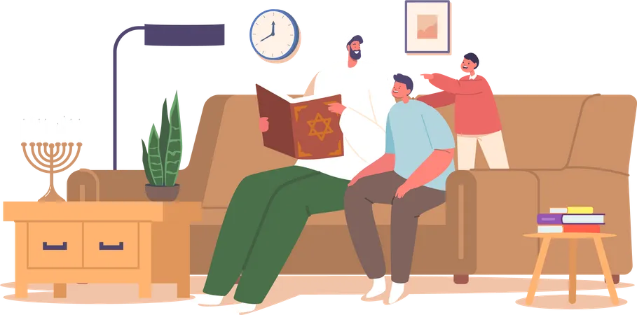Jewish Family Characters Father With Sons Gather Together Reading From The Torah With Reverence And Devotion Embracing Their Rich Heritage And Passing Down Sacred Traditions Through Generations Illustration