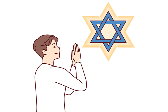 Jewish man teenager prays looking at star of David observing ritual in preparation for shabbat  イラスト