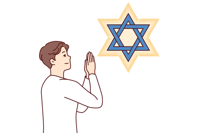 Jewish Man Teenager Prays Looking At Star David Observing Ritual In Preparation For Shabbat Believer Guy Of Jewish Origin Professes Judaism And Makes Prayer Gesture Demonstrating Devotion To Lord Illustration
