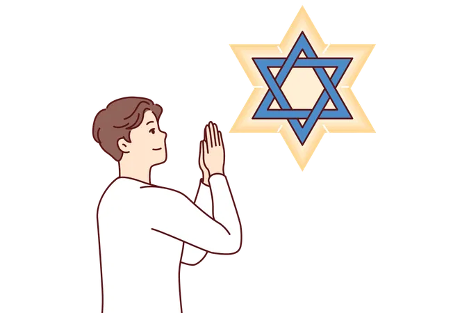 Jewish man teenager prays looking at star of David observing ritual in preparation for shabbat  Illustration