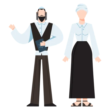 Traditional Jewish Religious Monk Male And Female Religious Figure Judaism Prayer Flat Vector Illustration Illustration