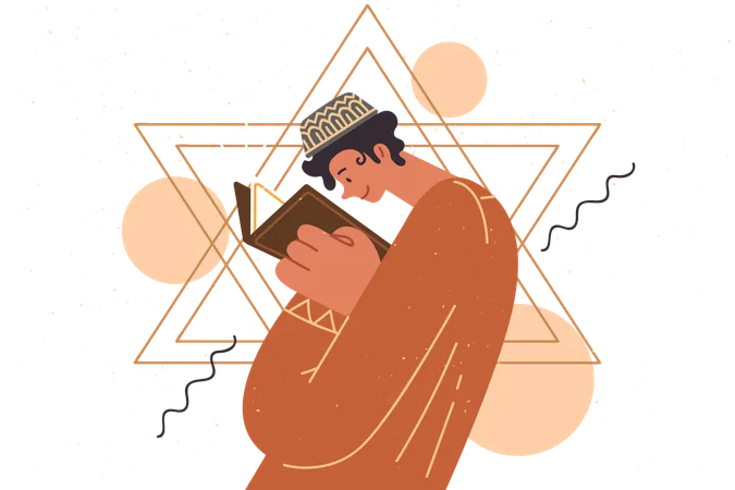 Jewish Teenage Boy Reads Torah With Description Of Judaism Standing Near Star Of David Young Guy In Kippah Worships Judaism And Studies Religious Literature With Prayers Or Prophecies Illustration