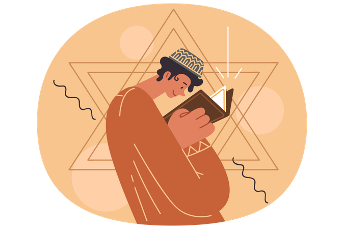 Jewish teenage boy reads torah with description of judaism standing near star of david  Illustration