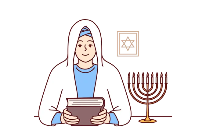 Jewish Woman Rabbi Holds Torah In Hands And Sits Near Image Of Star Of David Dressed In Religious Clothes And White Veil Smiling Girl Learning Jewish Religion And Prayers To Worship God Illustration