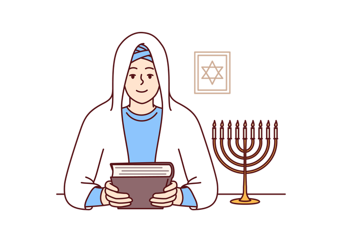 Jewish woman rabbi wears white veil  Illustration